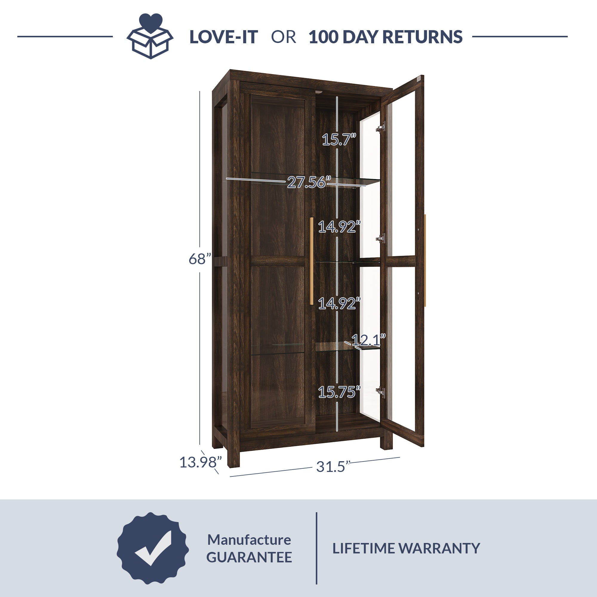 BELLEZE Tall Display Cabinet with Tempered Glass Doors - Modern Storage Bookshelf for Living Room & Bedroom, Wood Finish