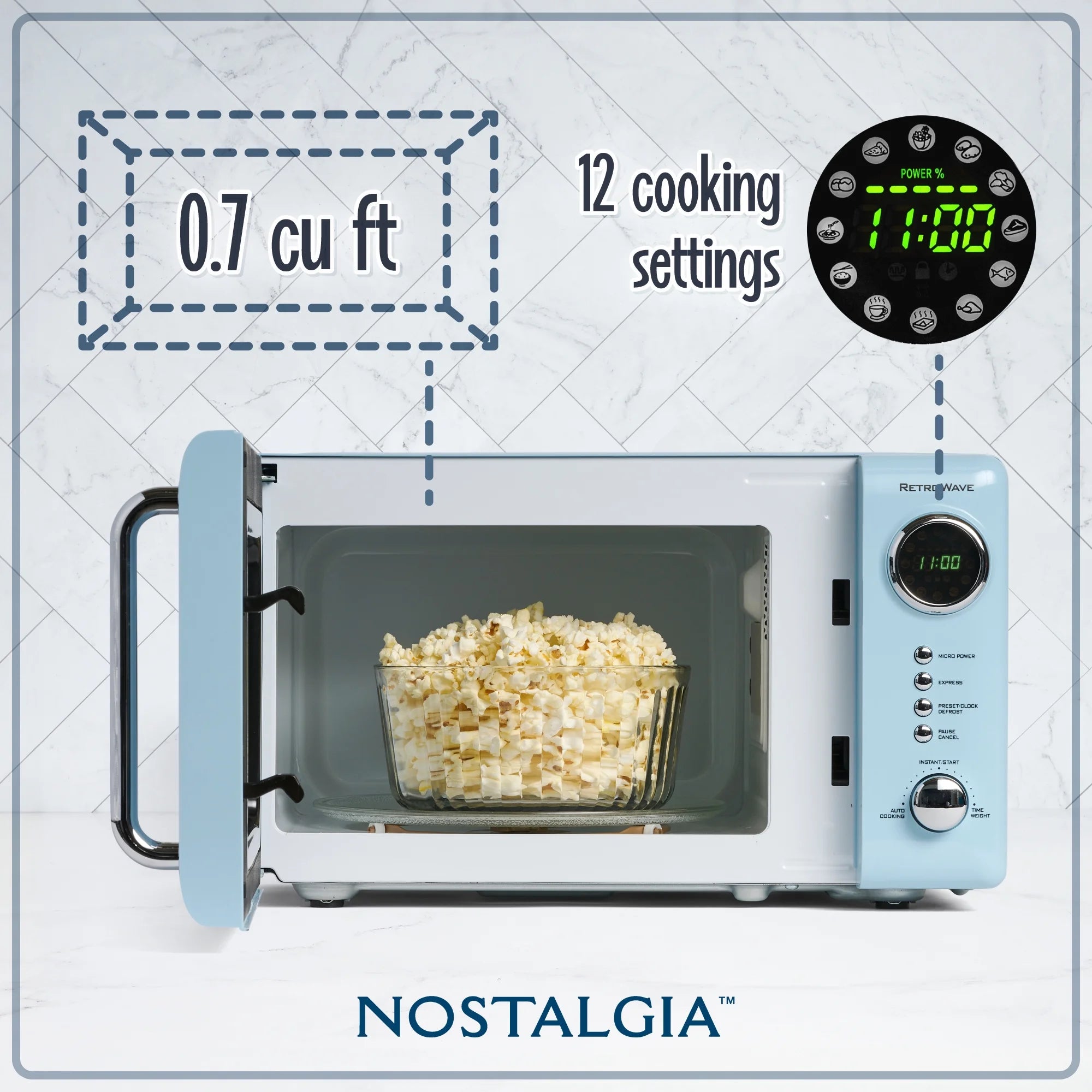 Nostalgia Retro Compact Countertop Microwave Oven, 0.7 Cu. Ft. 700-Watts with LED Digital Display, Child Lock, Easy Clean Interior, Blue