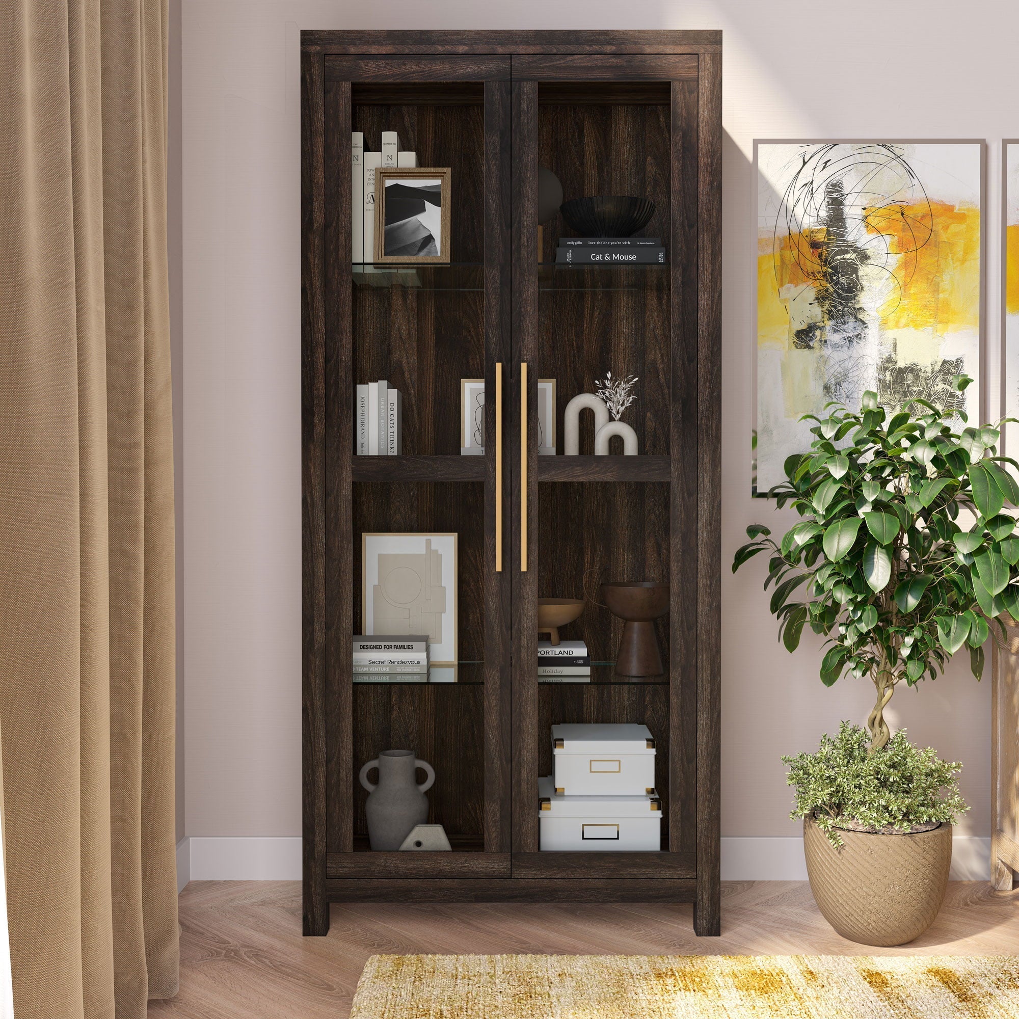 BELLEZE Tall Display Cabinet with Tempered Glass Doors - Modern Storage Bookshelf for Living Room & Bedroom, Wood Finish