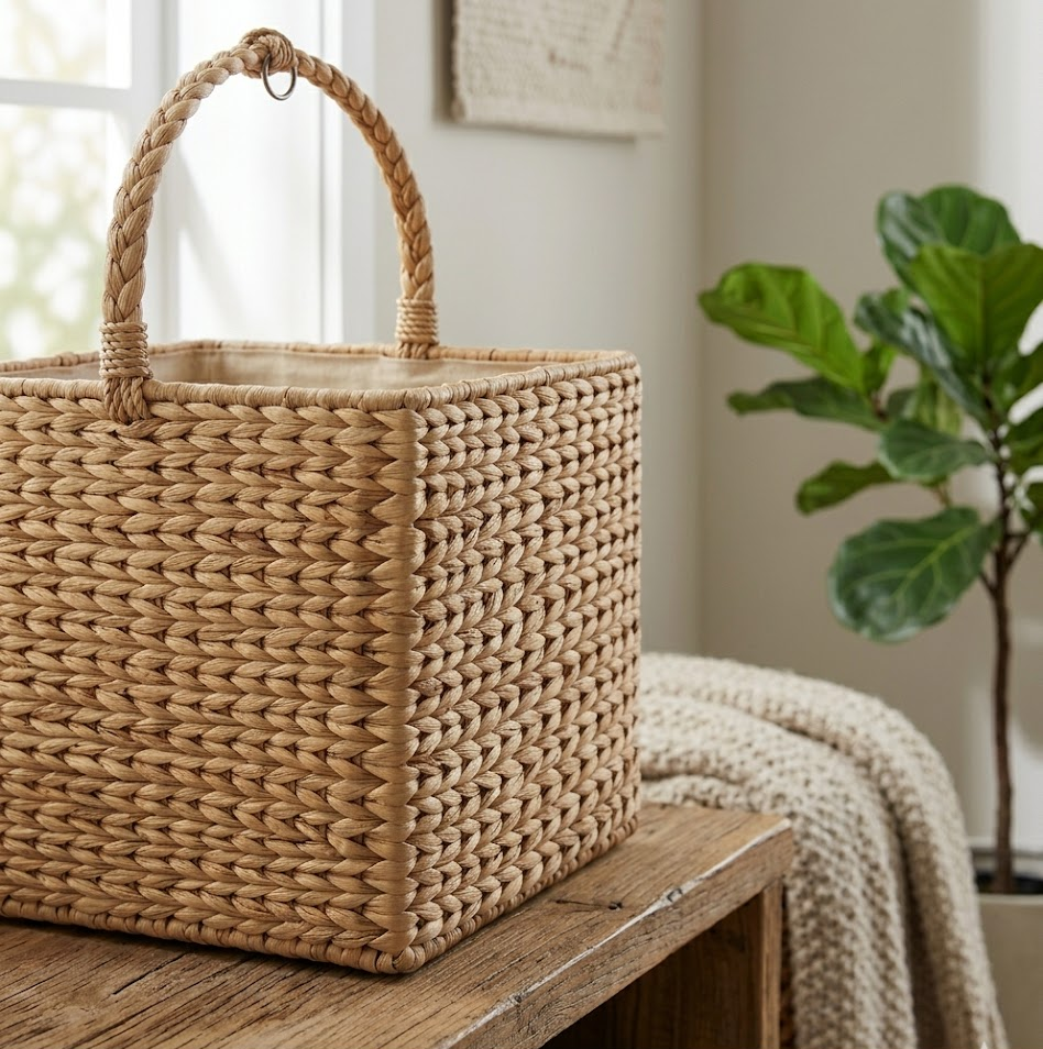 Messiahfabian 14.2" Water Hyacinth Square Hanging Storage Basket with Handle, 2-in-1 Wall Mounted & Tabletop Woven Organizer for Bathroom Kitchen