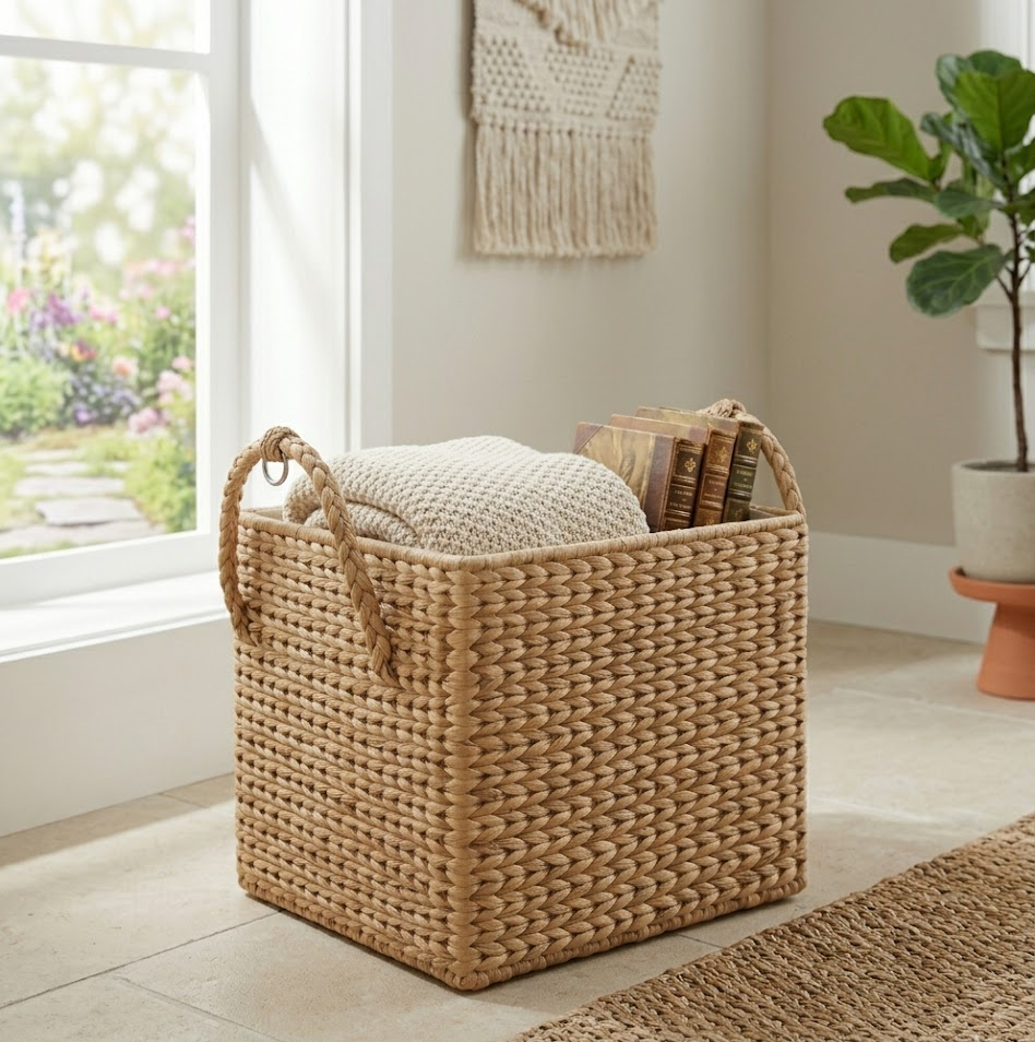 Messiahfabian 14.2" Water Hyacinth Square Hanging Storage Basket with Handle, 2-in-1 Wall Mounted & Tabletop Woven Organizer for Bathroom Kitchen