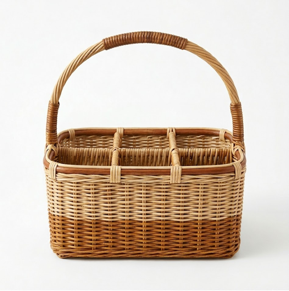 Messiahfabian Drew Barrymore Two-Tone Rattan 6-Compartment Drink Caddy with Handle, Portable Wicker Picnic Bottle Holder for Outdoor Patio Parties