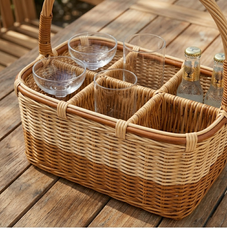 Messiahfabian Drew Barrymore Two-Tone Rattan 6-Compartment Drink Caddy with Handle, Portable Wicker Picnic Bottle Holder for Outdoor Patio Parties