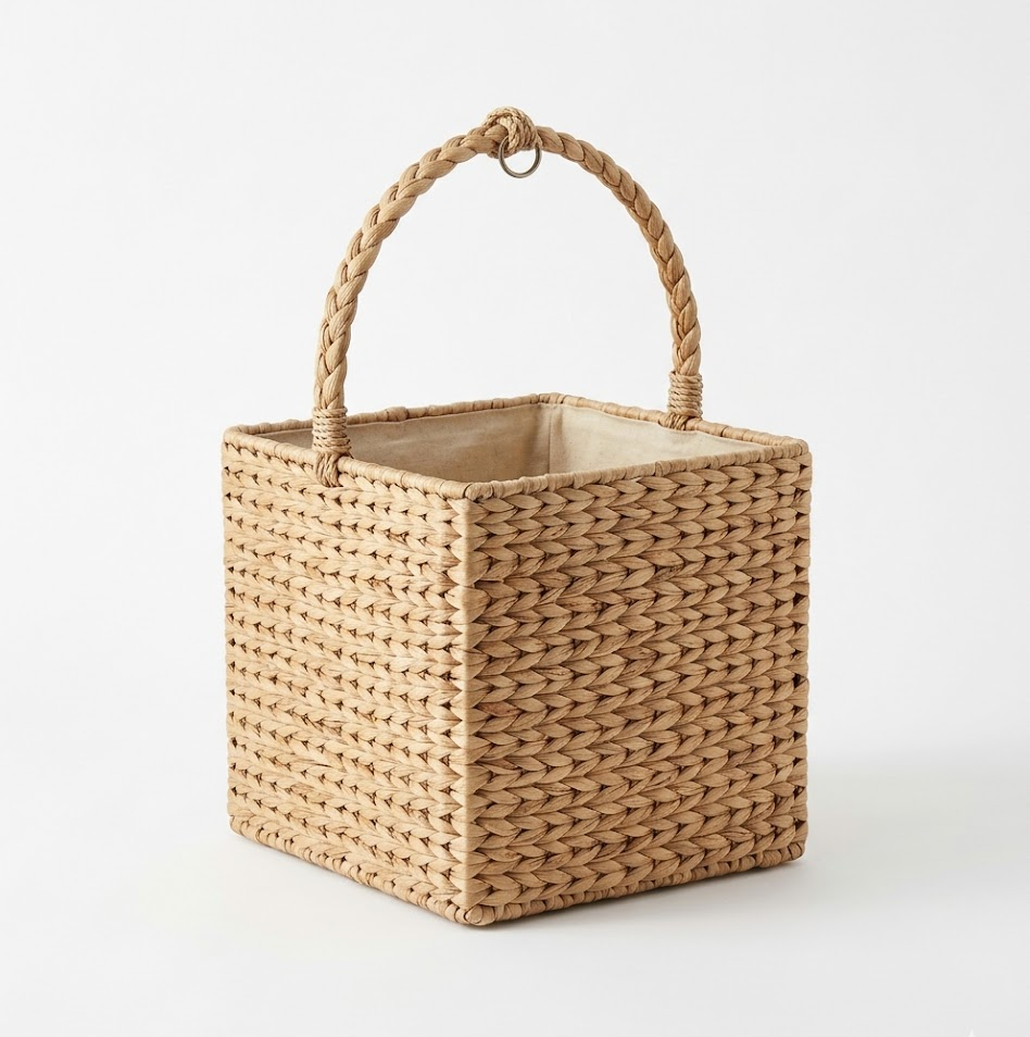 Messiahfabian 14.2" Water Hyacinth Square Hanging Storage Basket with Handle, 2-in-1 Wall Mounted & Tabletop Woven Organizer for Bathroom Kitchen