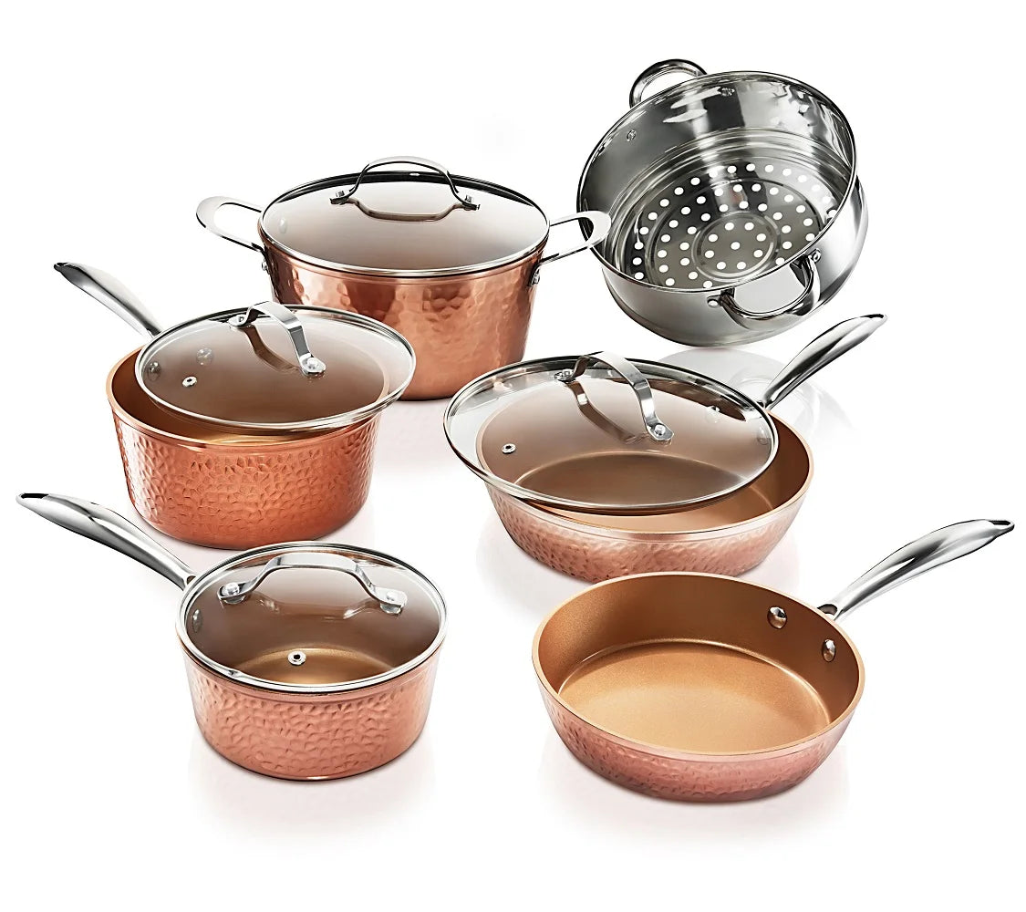Gotham Steel Hammered Collection Pots and Pans Set, 10-Piece Premium Cookware Set with Nonstick Coating, Dishwasher and Oven Safe, Copper