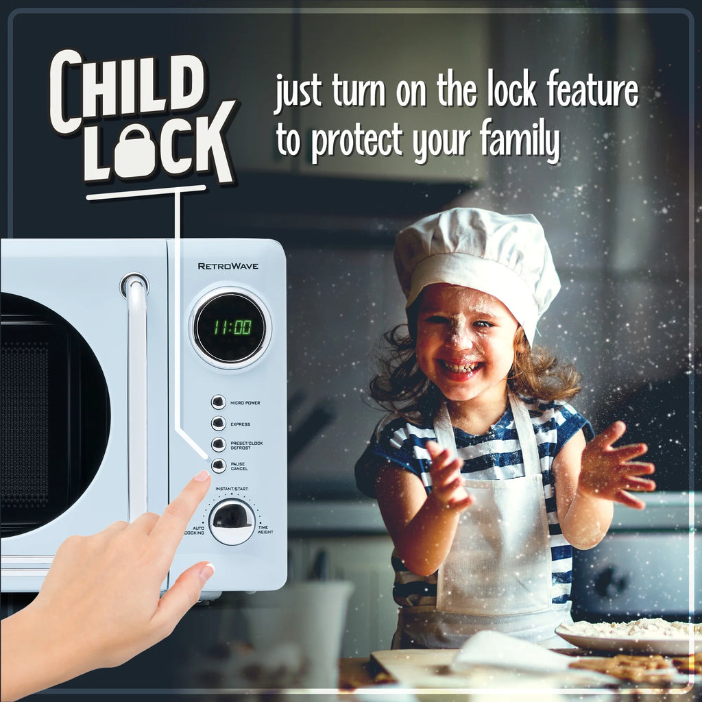 Nostalgia Retro Compact Countertop Microwave Oven, 0.7 Cu. Ft. 700-Watts with LED Digital Display, Child Lock, Easy Clean Interior, Blue
